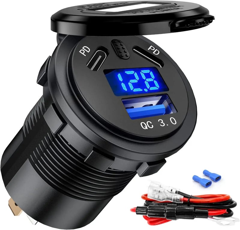 Bluejw 90W 3-Port Car Charger: Dual 45W USB-C PD & 18W QC 3.0, 12V/24V Automobile Charger Socket with Voltmeter & On/Off Switch - Image 2